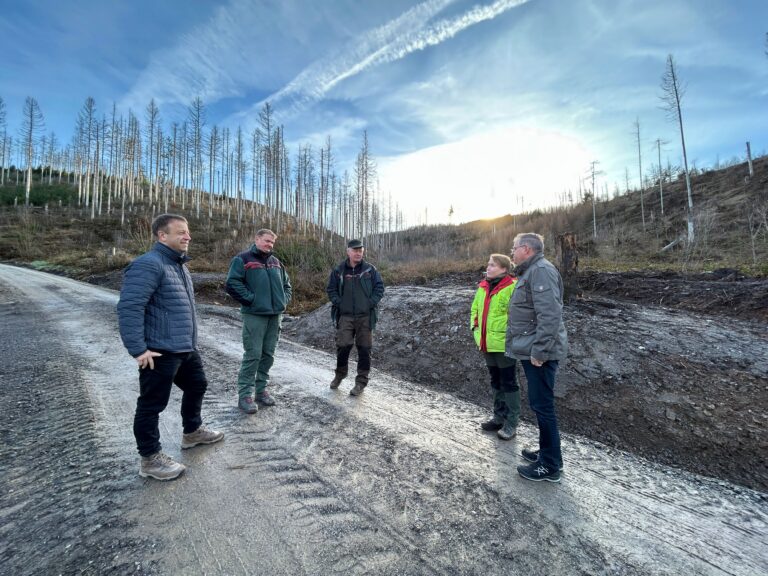 Buergermeister l. und Ortsbuergermeister r. im Gespraech mit den Nds. Landesforsten